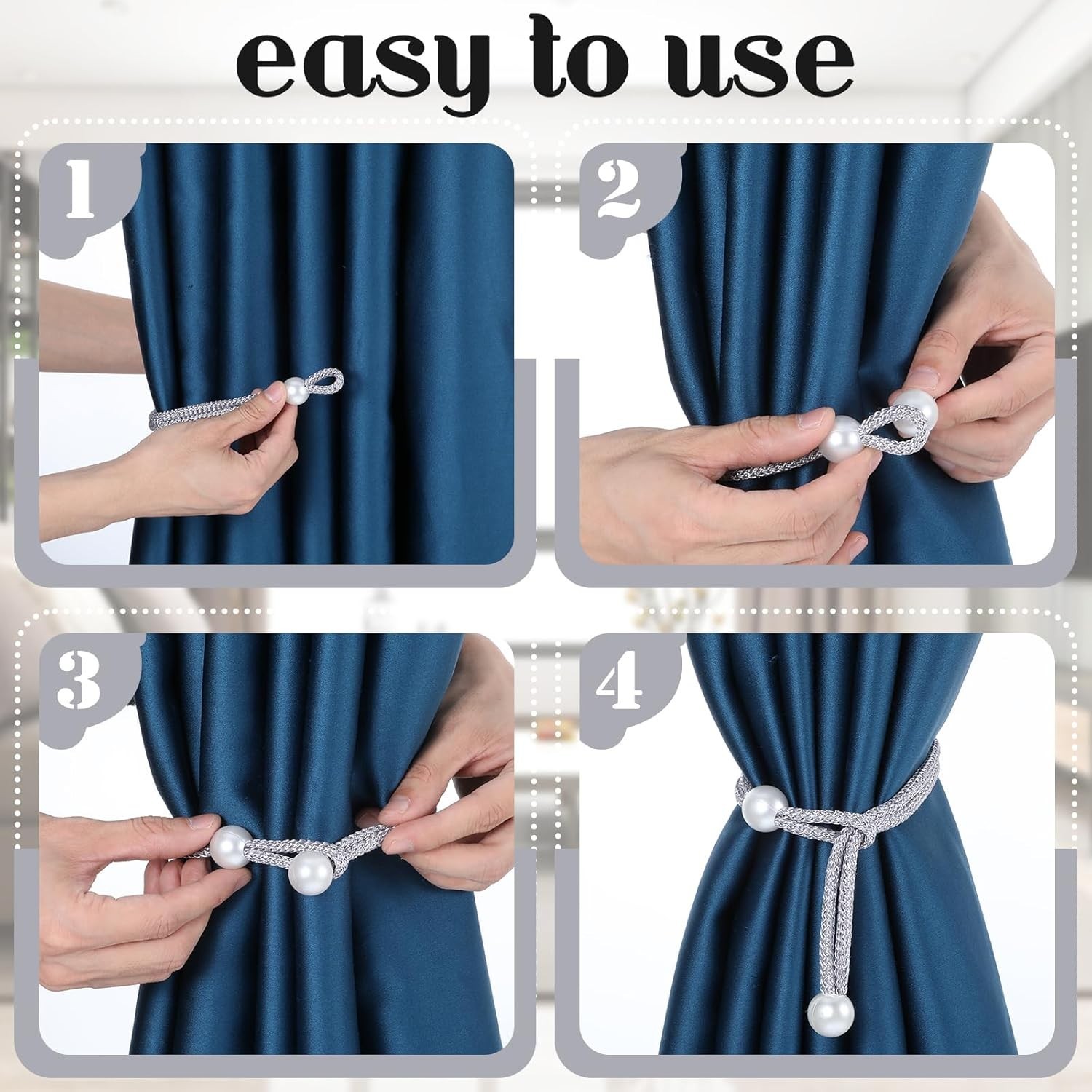 8pcs Curtain Tiebacks Adjustable Rope Tie Backs with Pearl Buckle for Drapes