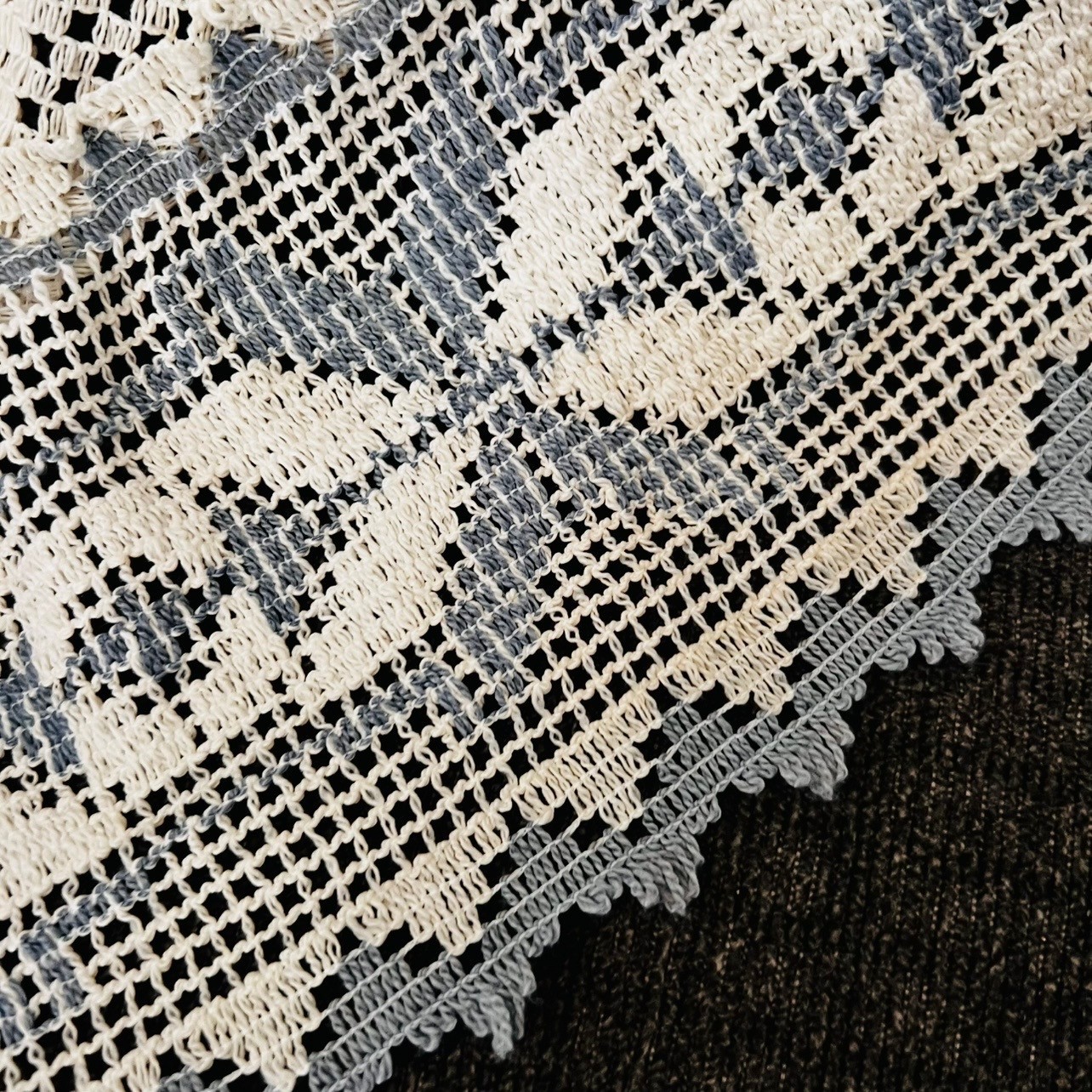 🏠 Vintage Filet Crocheted Lace Blue & White Cafe Window Swag Curtains