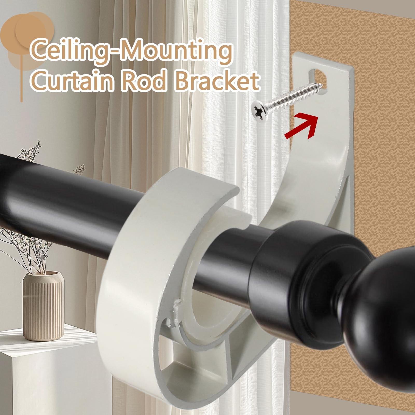 4 Pack Ceiling Curtain Rod Brackets, Aluminum Alloy Ceiling Mount Hooks for 1…