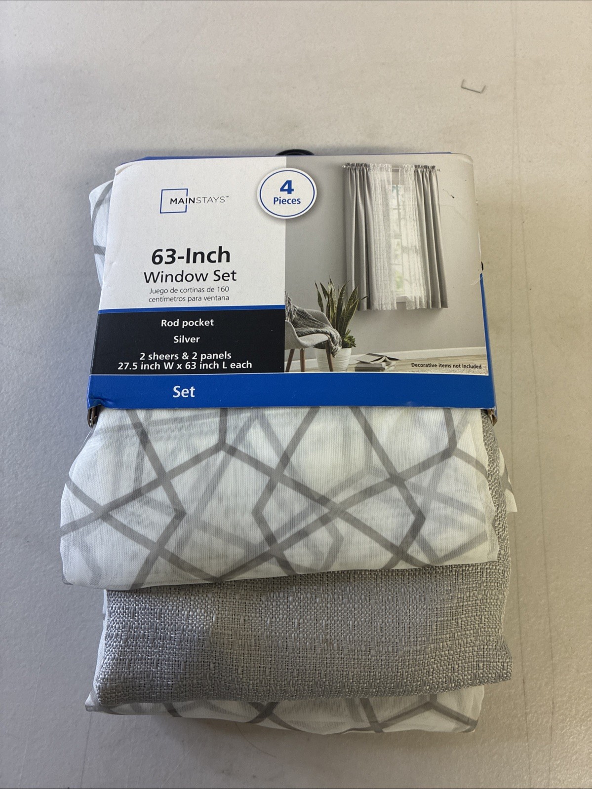 Mainstays 63″ Window Curtain Set (4 Pieces) 27.5″ x 63″ Silver NEW