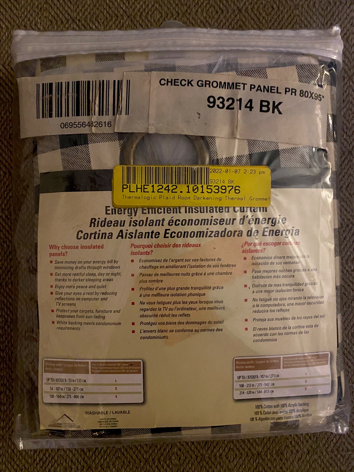 Thermalogic™ Black Buffalo Check Grommet-Top Curtain Pair 80″ X 95” NWT