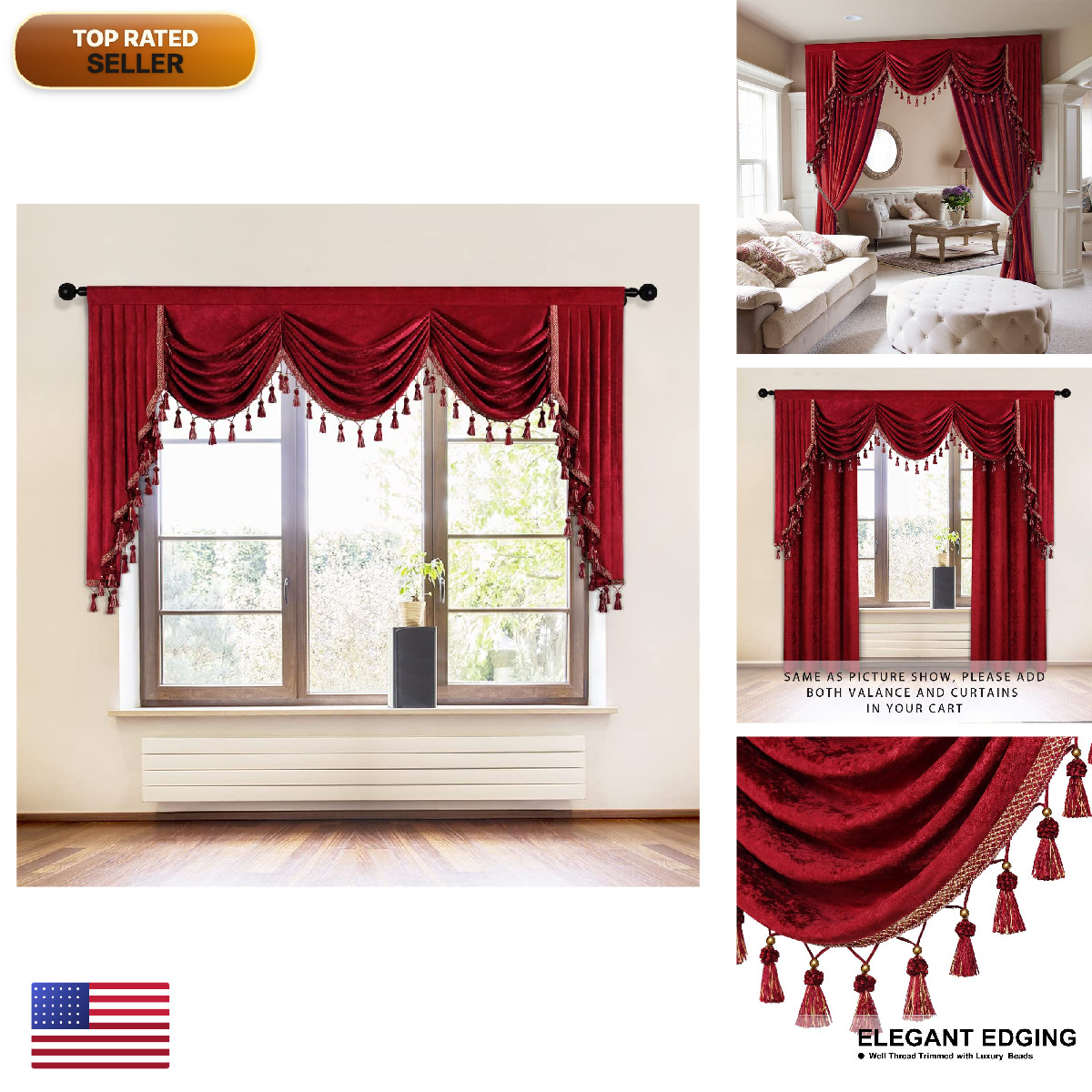Elkca Thick Chenille Window Curtains Valance For Living Room Burgundy Red