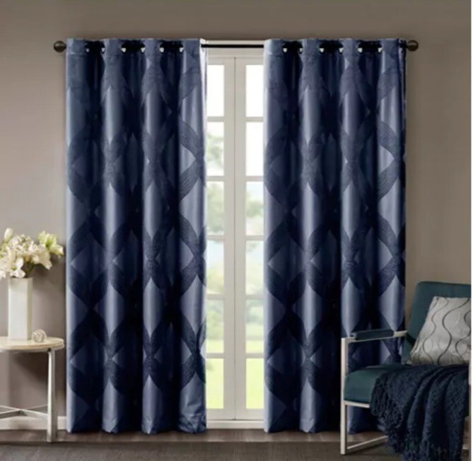 SunSmart Bentley Navy Ogee Knitted Jacquard Total Blackout Curtain Panel NWT