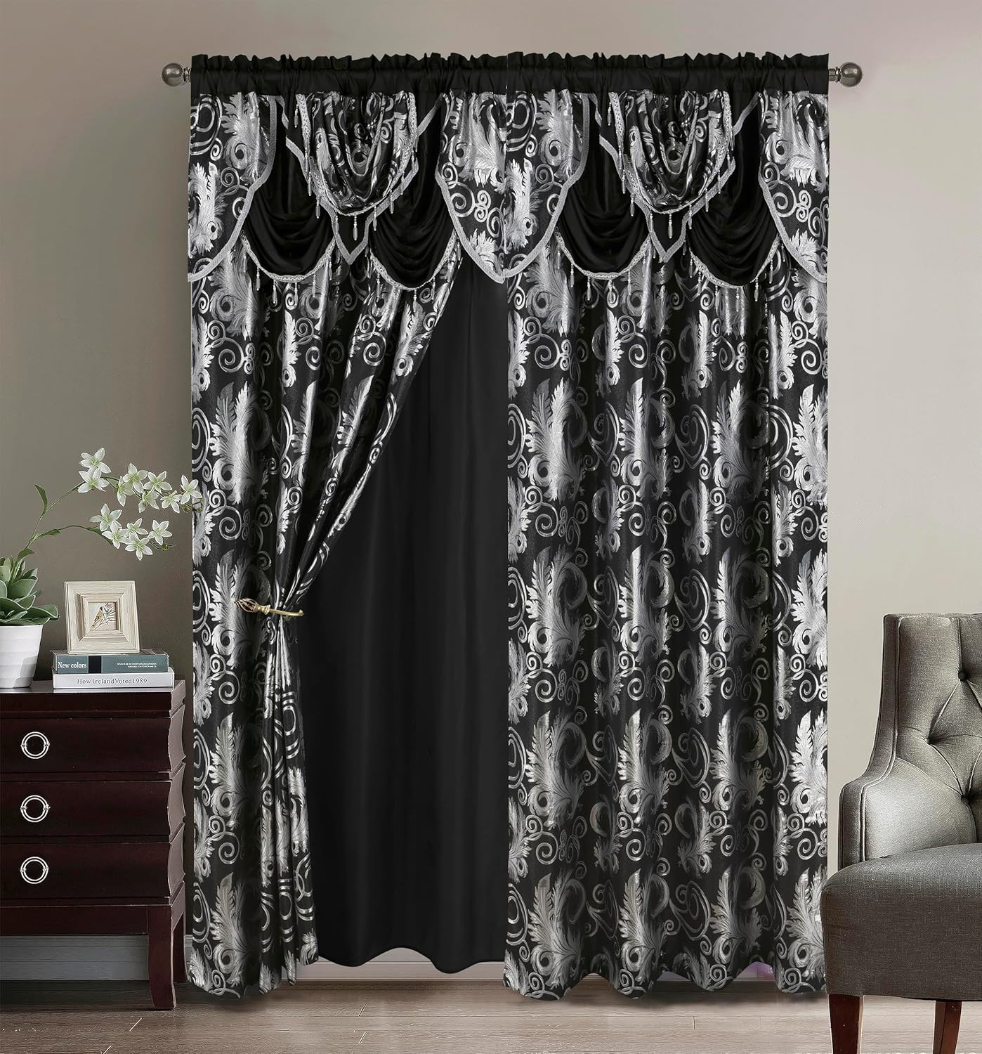 Jacquard Luxury Window 2 Panel Set Black Curtain with Attached Valance and Backi