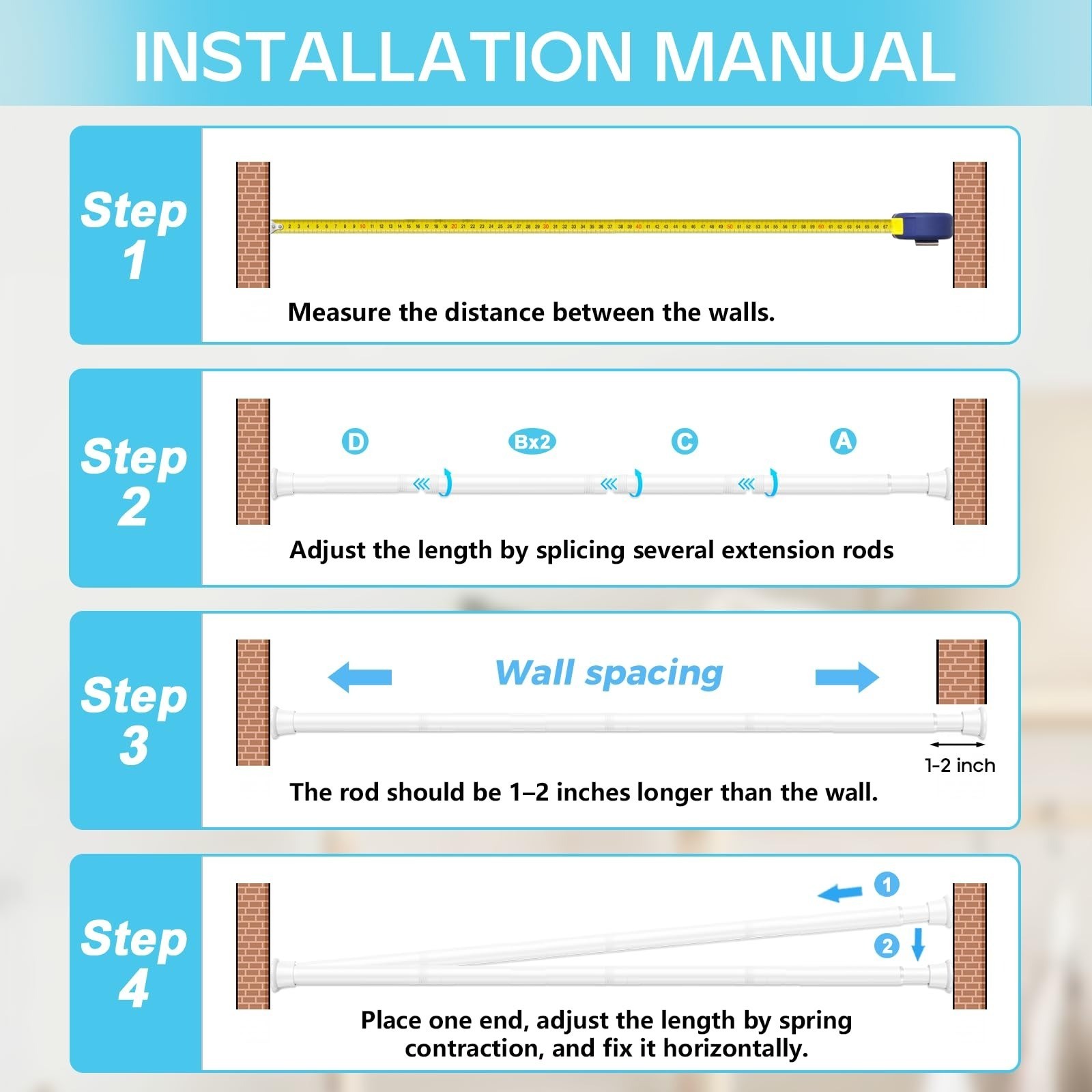 Spring Tension Curtain Rod 32-76 inch, Adjustable Expandable Tension Curtain Rod