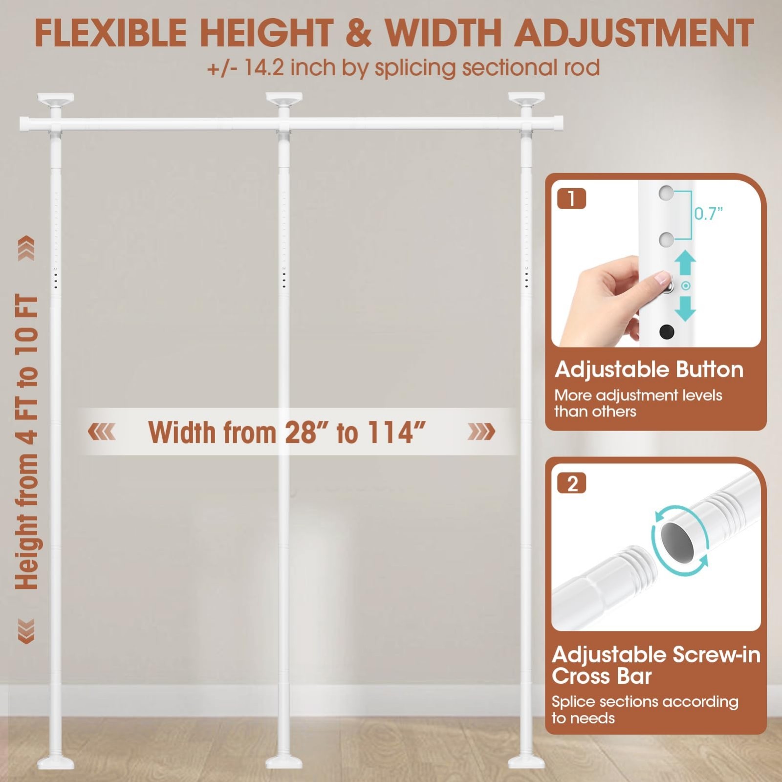 Adjustable Room Divider Curtain Rod – No Drill Wall Partition, 4-10ft Height, 28