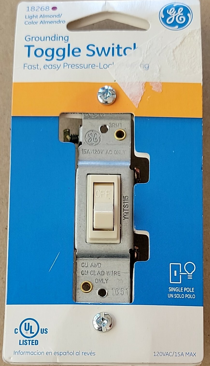 GE Grounding Toggle Switch, Single Pole, In Wall On/Off Fan Light Switch Almond