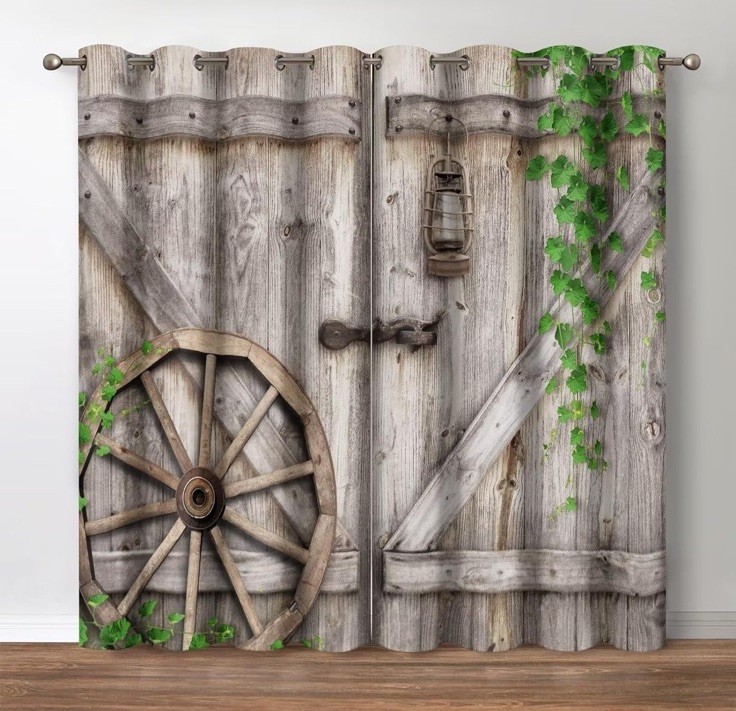 Wood Barn Door Blackout Curtains, Rustic Farmhouse Wooden Decor, Vintage Cabi I3