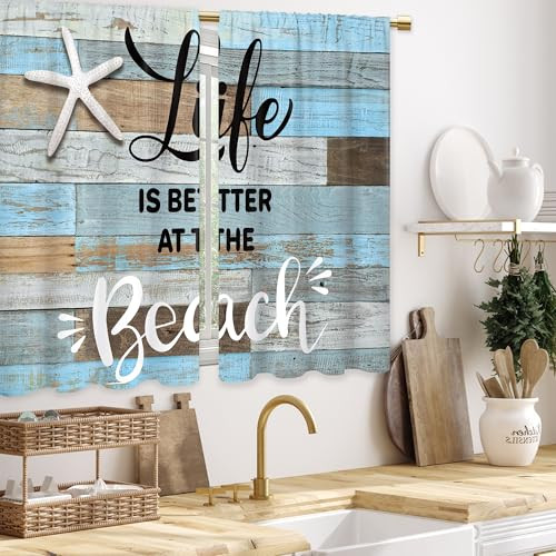 Beach Kitchen Curtains Nautical 27.5″W x 39″L (Pack of 2) N2 Wooden Beach