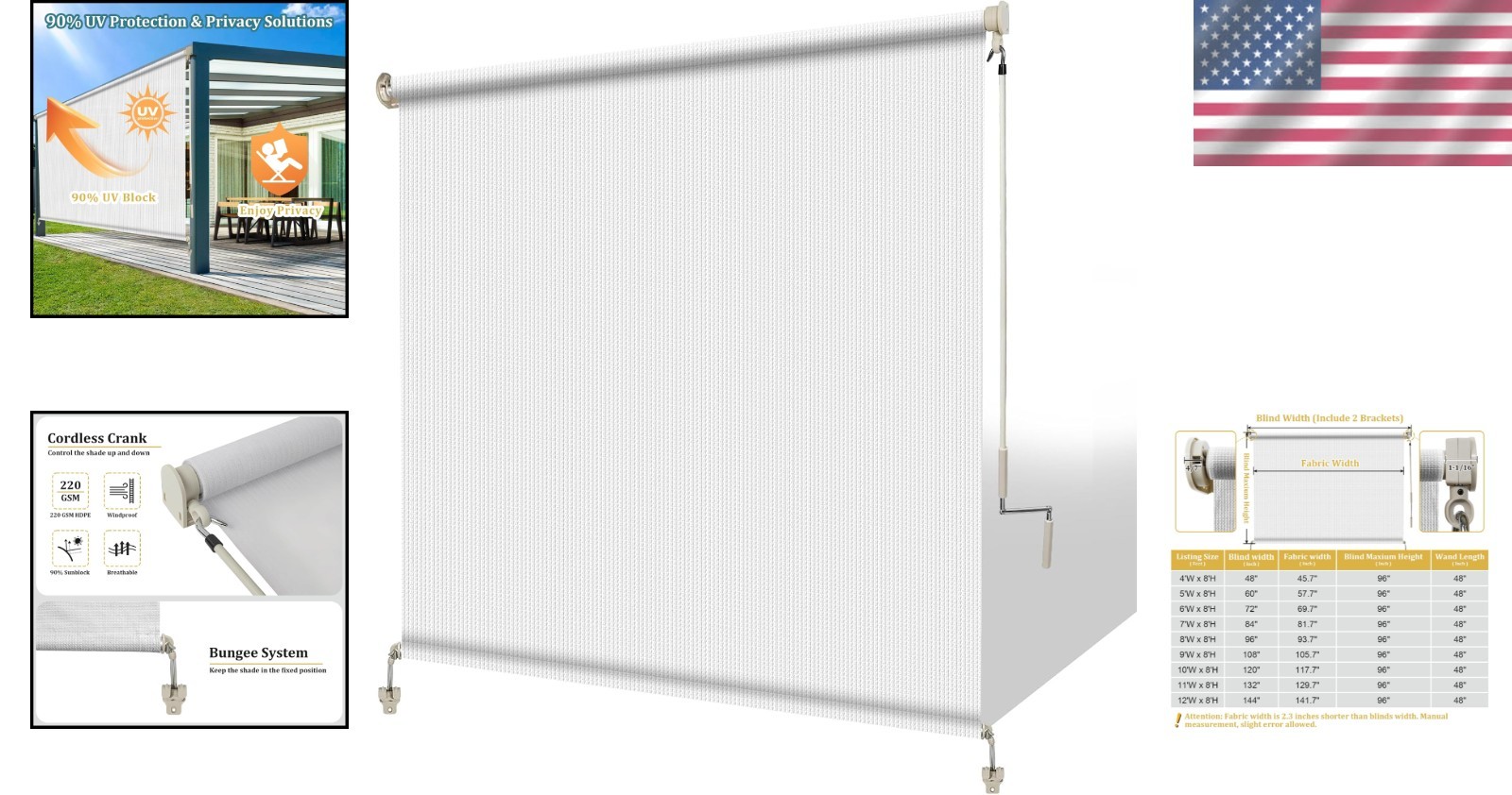 Stylish 10′ W x 8′ H Cordless Outdoor Roller Shades for Perfect Privacy & Shade