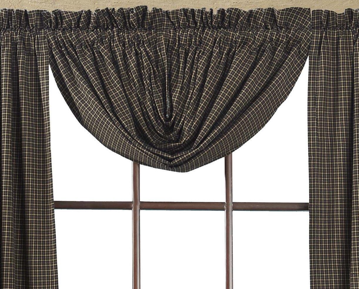 60″ W Black Plaid Balloon Valance 15″ Drop Cotton Lined Country Kettle Grove
