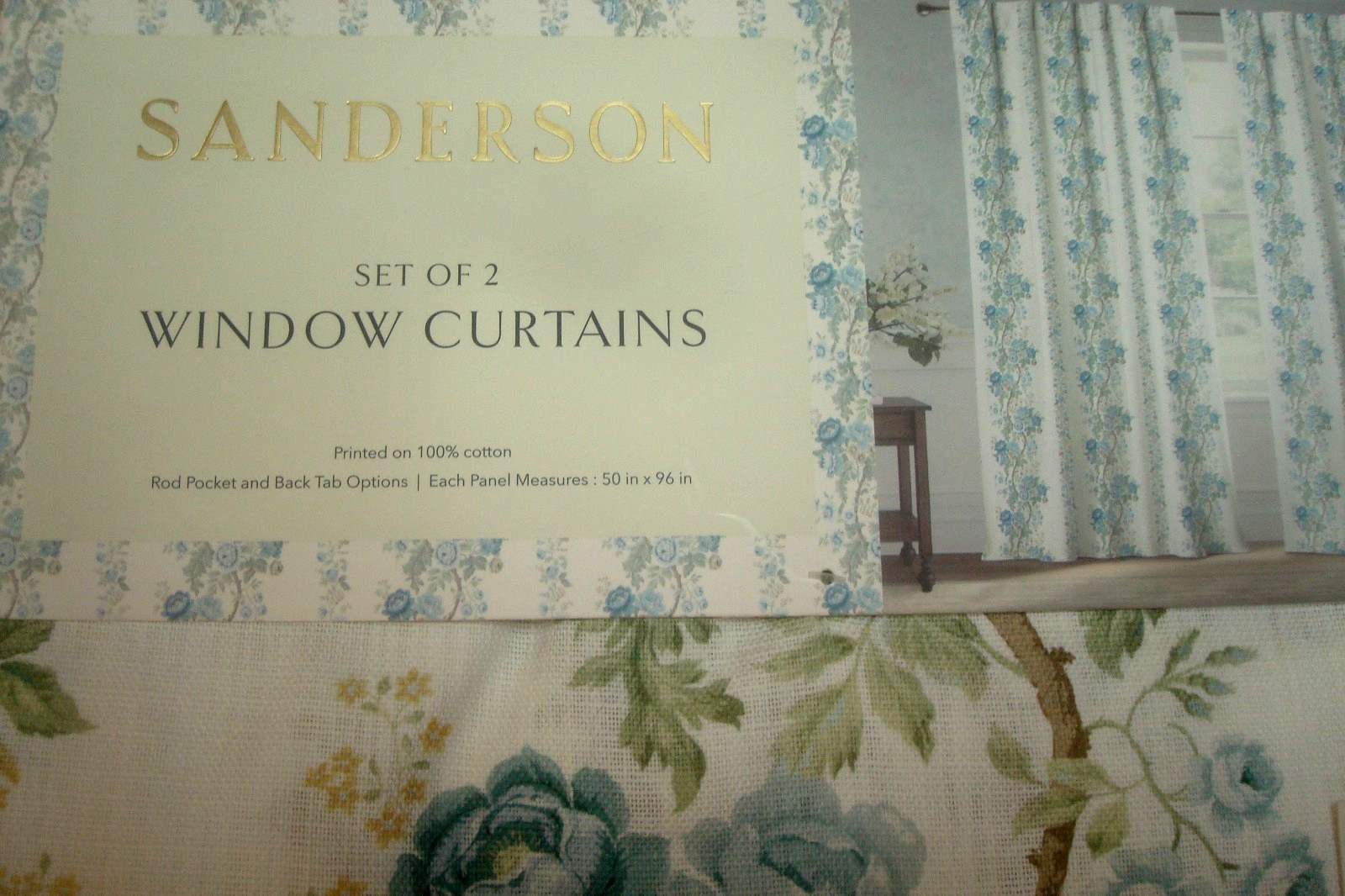 NWT Sanderson 2 pc Window Curtain Panels Hykenham Floral Aqua Blue Cotton 96″ lg
