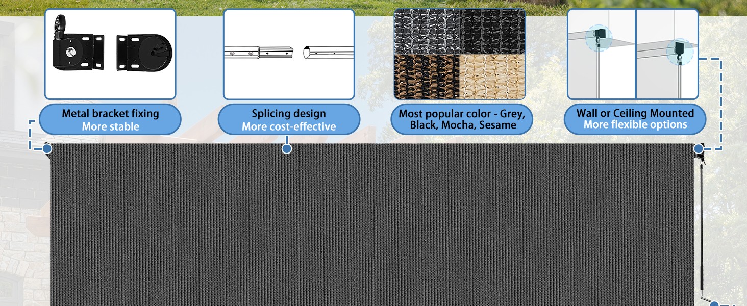 10’W x 8’H Gray Outdoor Roller Shade with Crank Wand Patio Shades Roll up,