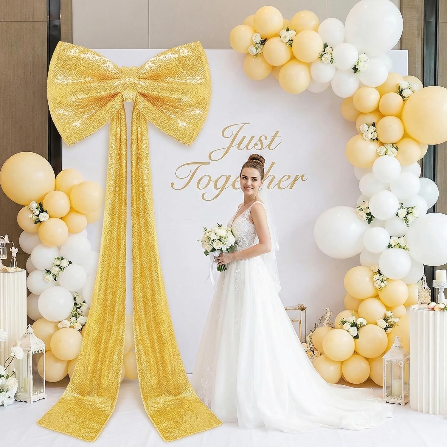 Giant Bow for Backdrop Gold Sequin Bow Decor 75 x 23 Inch Large Sparkly Bow B…