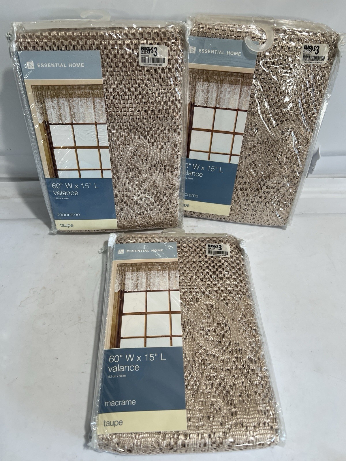 Essential Home 60”x15” Valance NEW Macrame Taupe Lot Of (3)