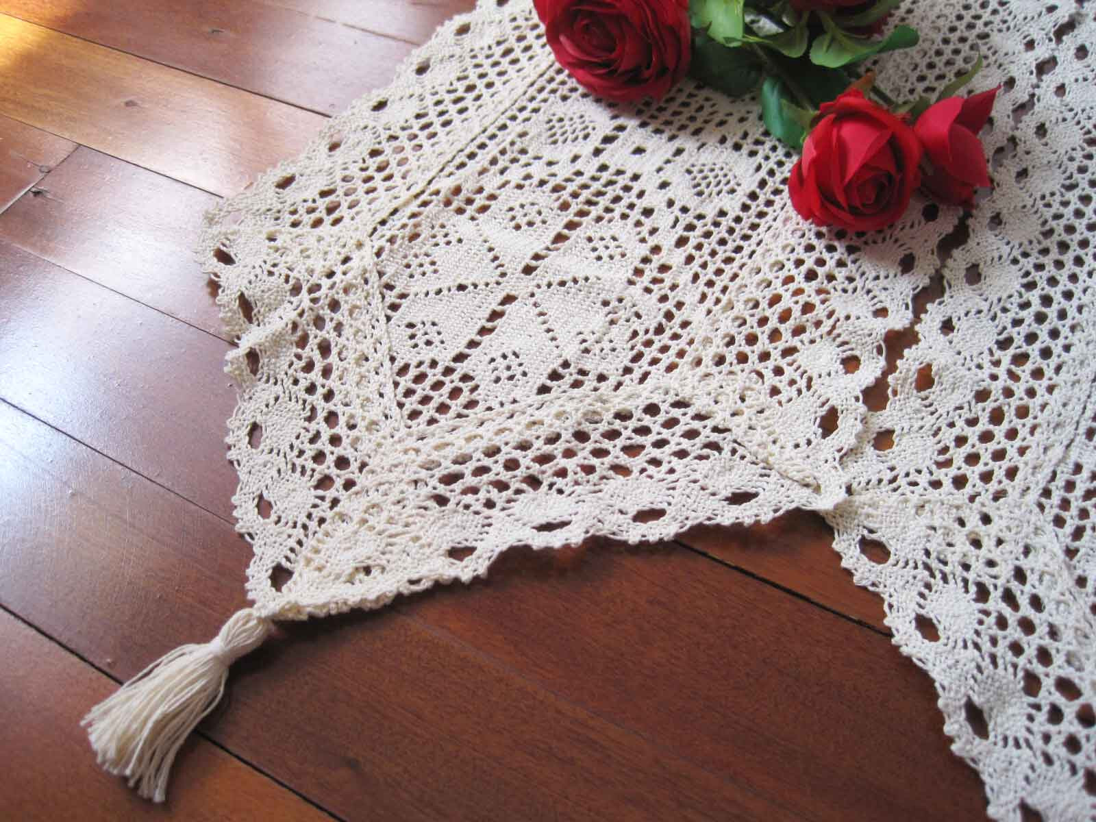 Again@Vintage Style 3 Panel Design Crochet Lace Braid Beige Cotton Door Curtain