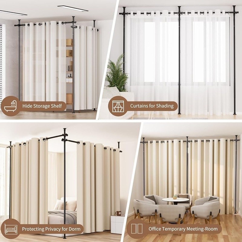 No Drill Room Divider Curtain Rod Adjustable Tension Mounted Easy Installation