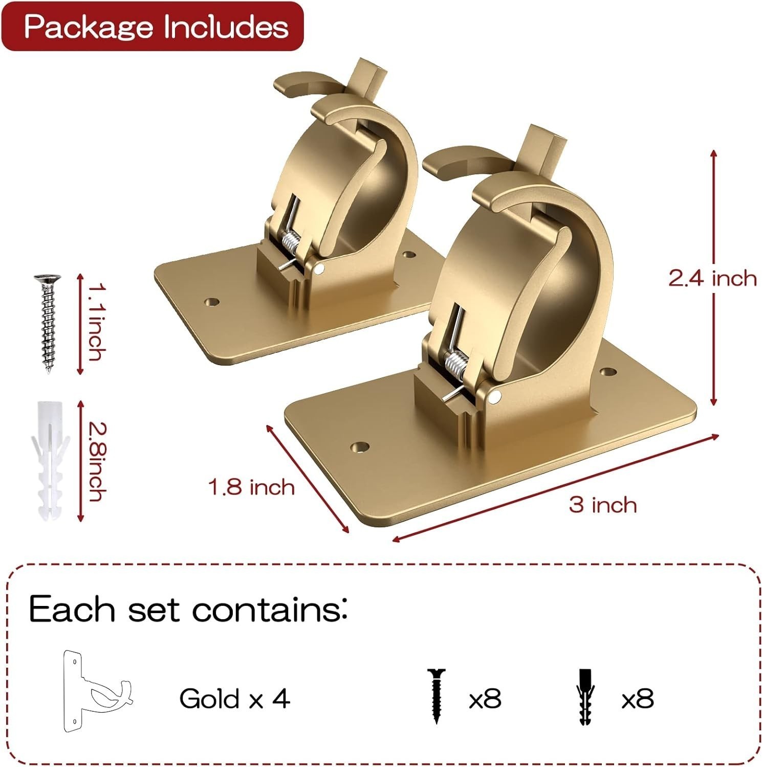 4PC No Drill Curtain Rod Brackets Gold Plastic Self-Adhesive & Screw Mount