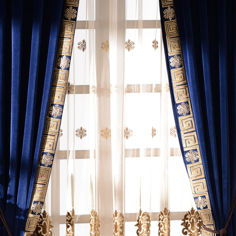 Luxury European American thick flannel embroidery blue cloth curtain tulle E989