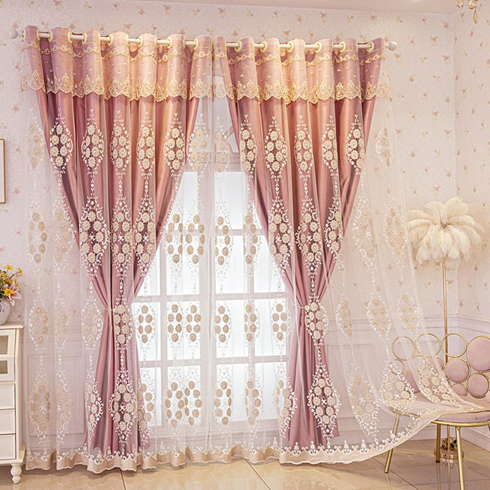 Elegant 3D Flower Embroidered Double Layer Curtains with Valance – Pink 51×96