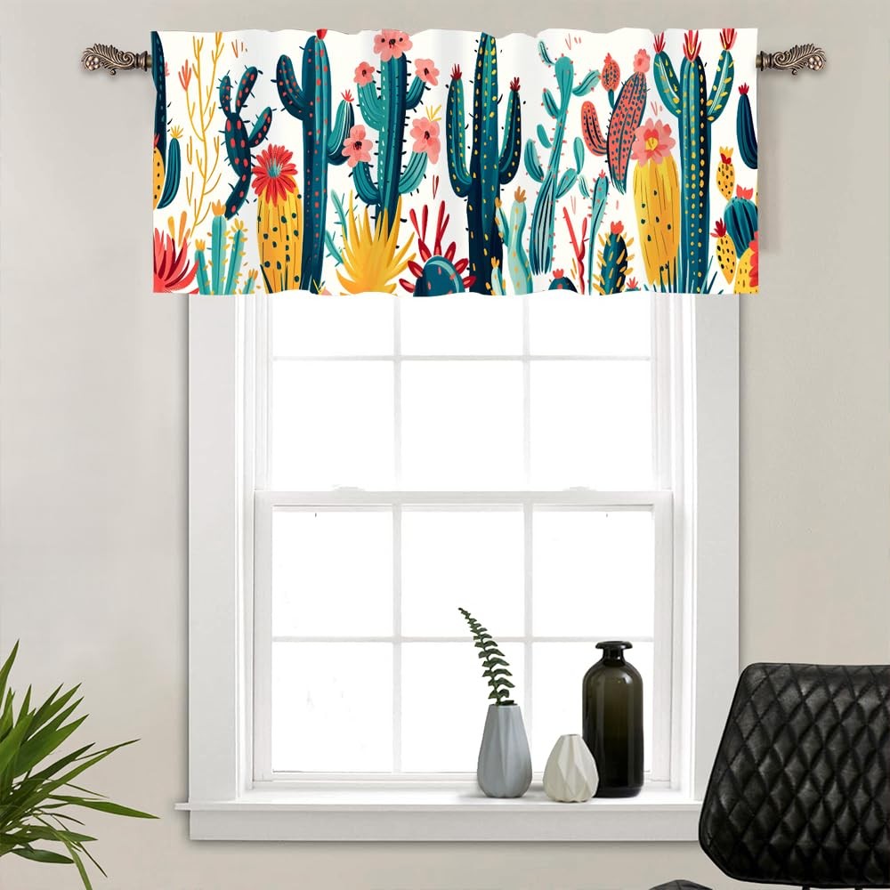 1 Panel Fantasy Cactus Curtain Valance for Windows, Vintage Colorful Plant Fl…