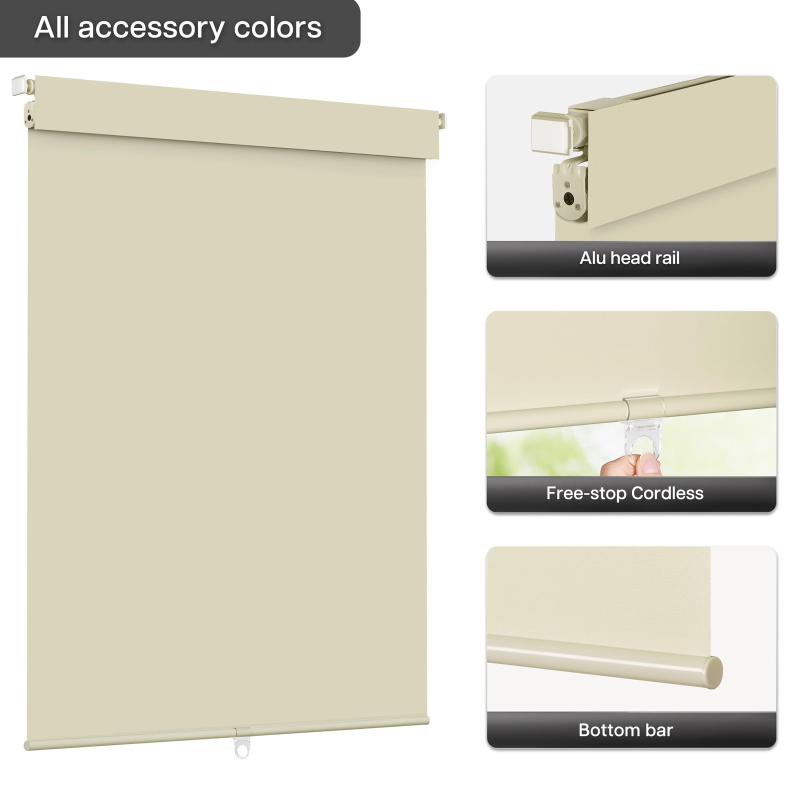 LazBlinds No Drill Blackout Roller Shades, Cordless Thermal, UV Protect, Beige