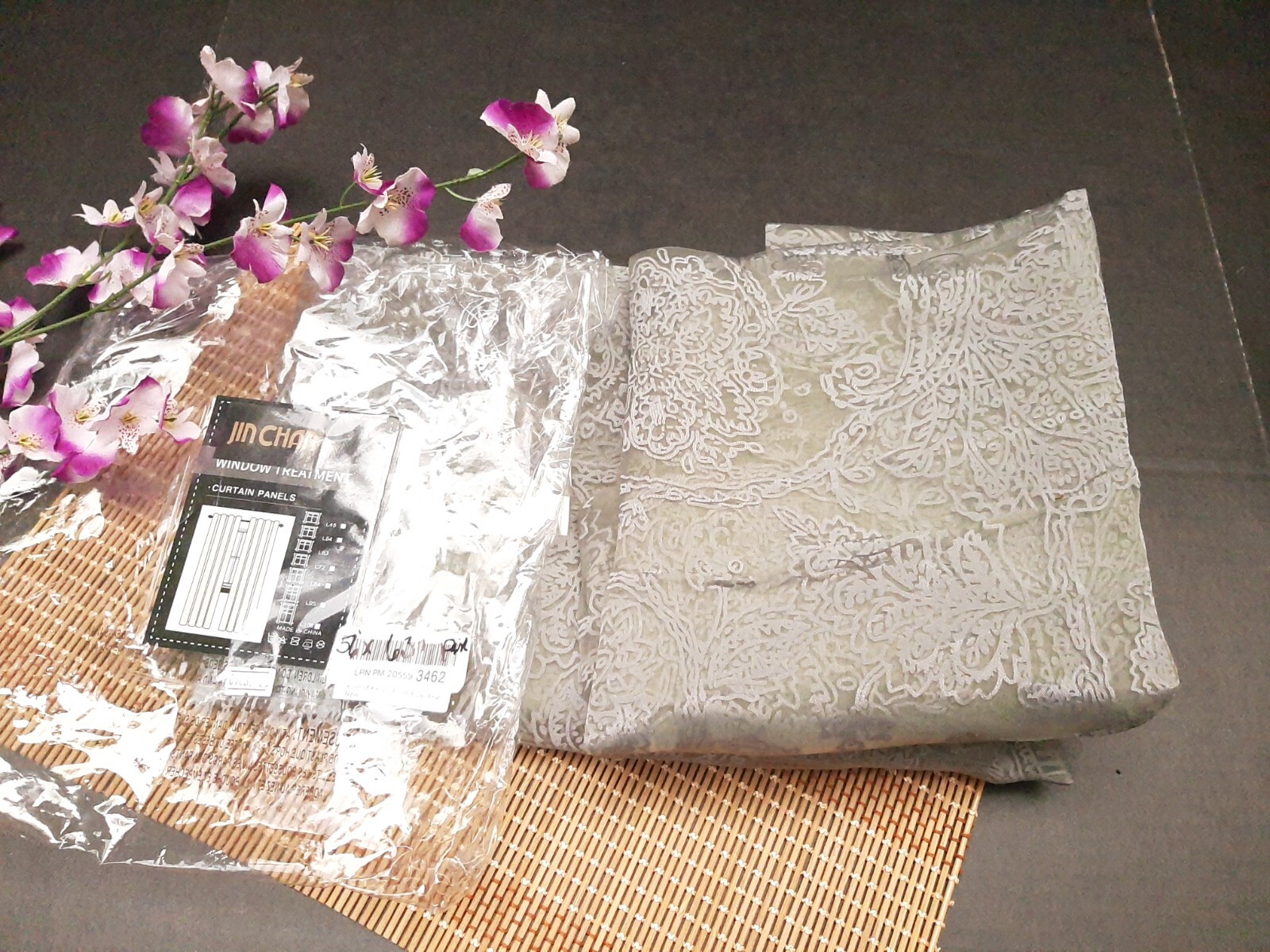 PAIR JINCHAN GRAY PAISLEY SCROLL SHEER VOILE CURTAIN PANELS ~ 56″ X 63″ ~ NEW