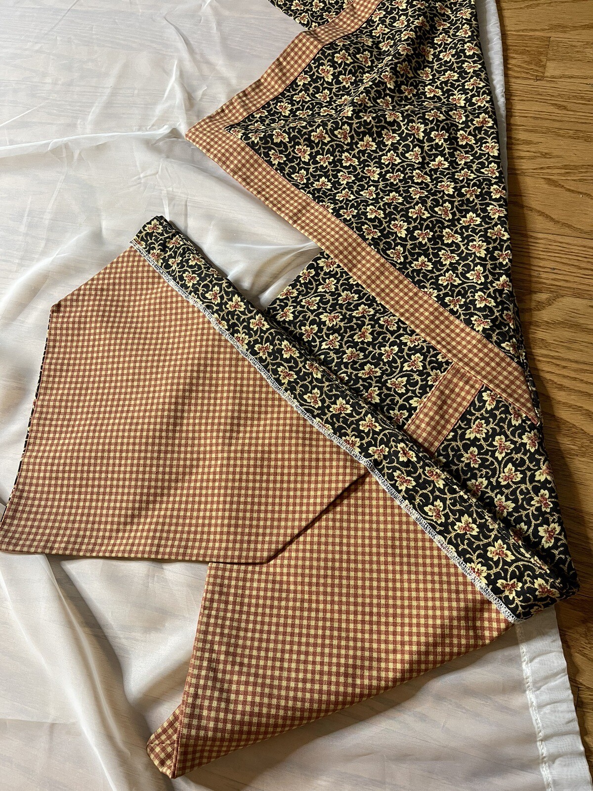 Vtg Custom Valance (96″ W) & 2 Panels (73″W) Black Floral Orange Check GORGEOUS!