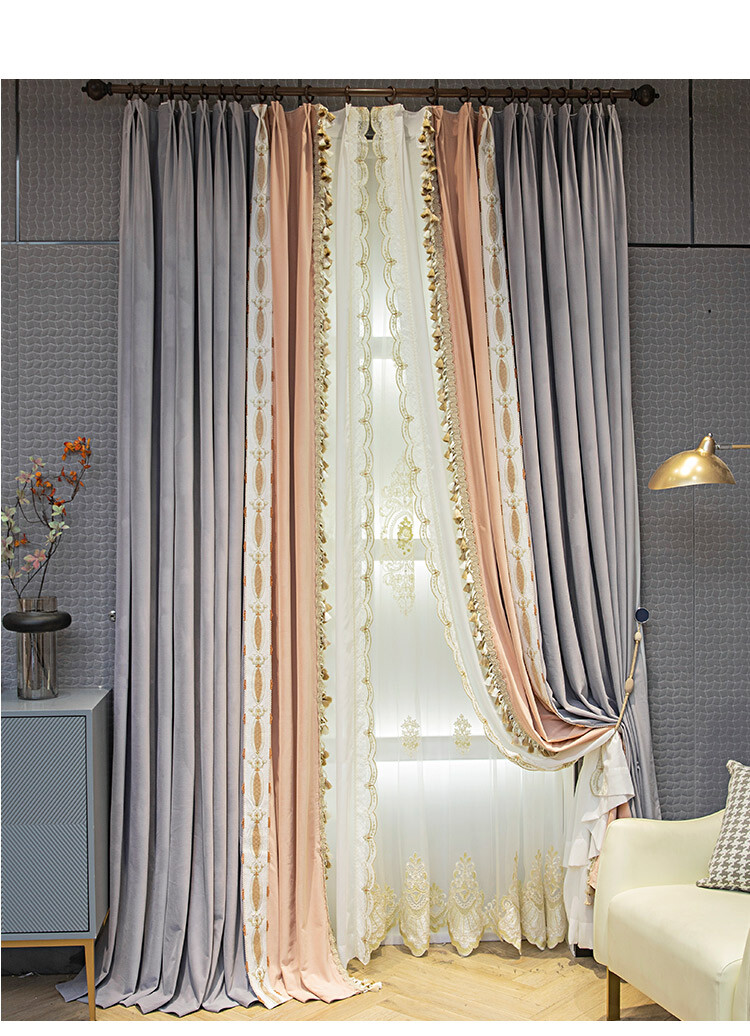 French pink gray patchwork velvet cloth blackout curtain tulle panel drape C1260