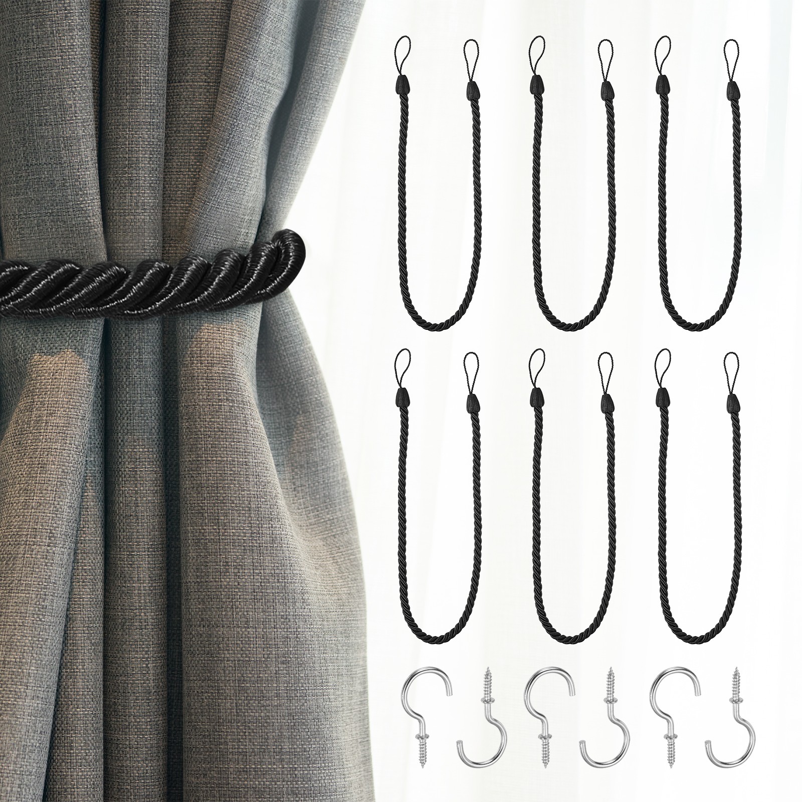 6Pcs Curtain Tiebacks 75cm/29.5″ Braided Drapery Holdback with Hook Black