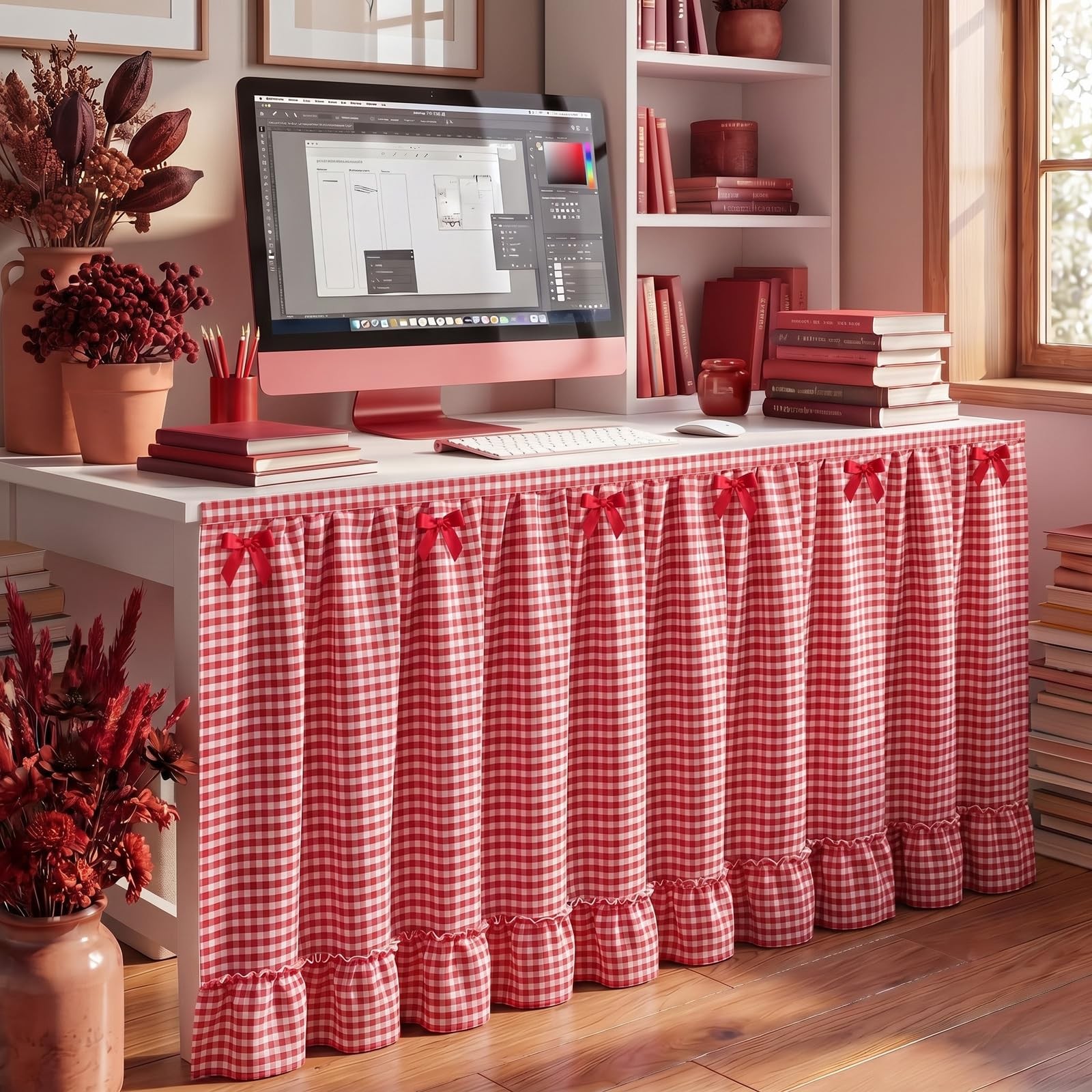 Red Gingham Sink Skirt for Bathroom 56″ x 28″ Ruffle Cabinet Curtain Red and …