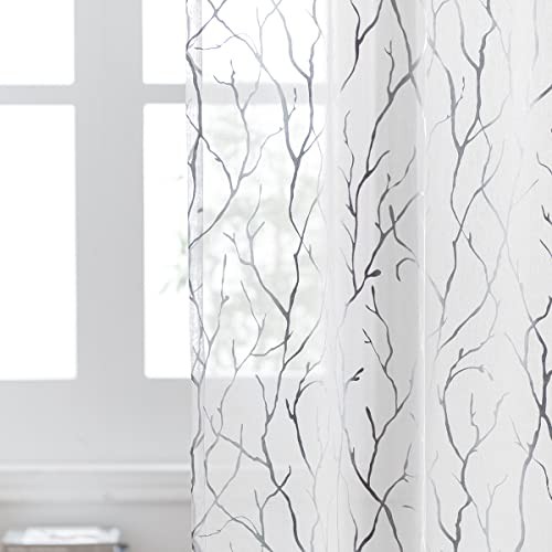 Silver White Sheer Curtains 84 Inches 52″W x 84″L (Pack of 2) White Silver