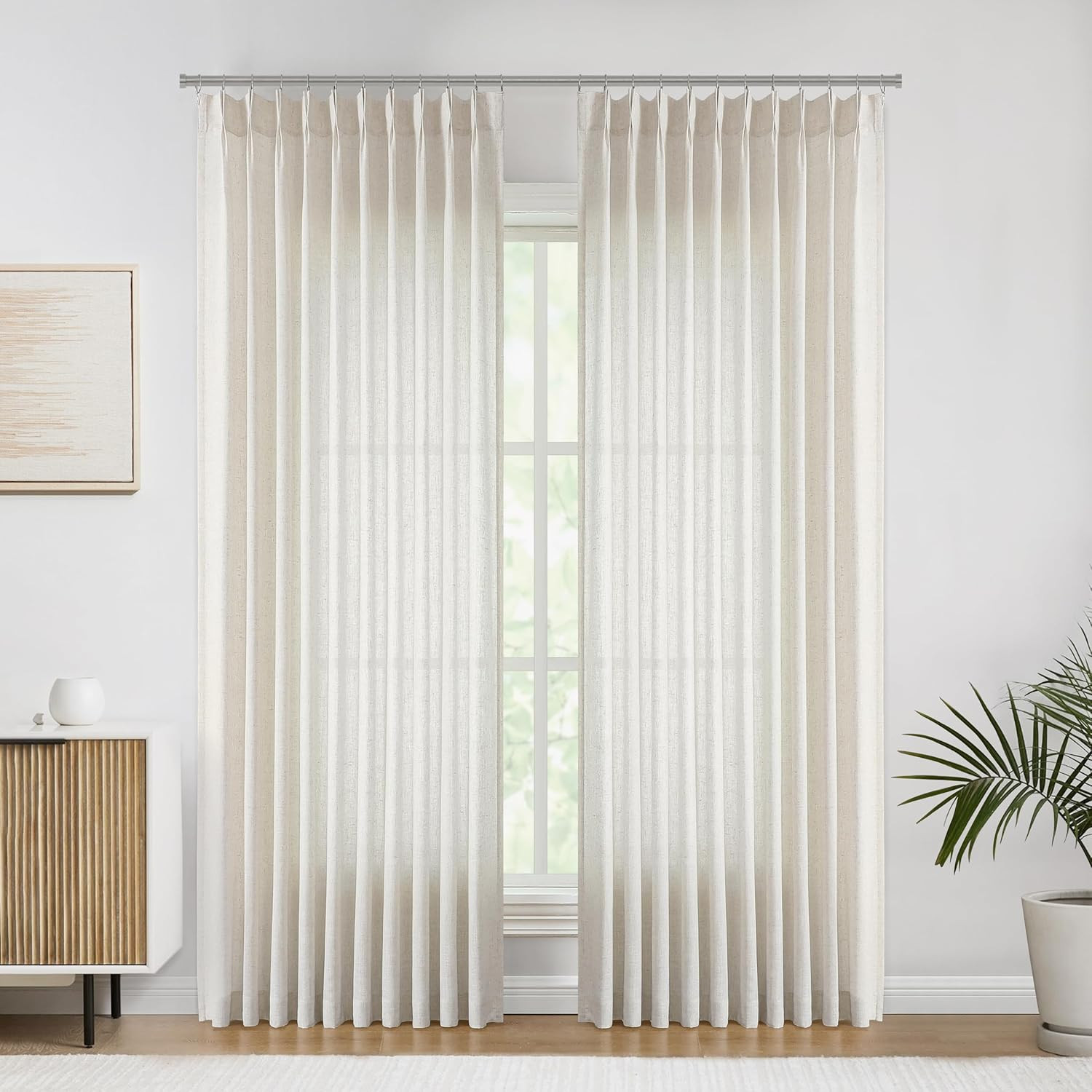 Textured Linen Semi-Sheer Pinch Pleat Curtains 60″x108″ for Living Room