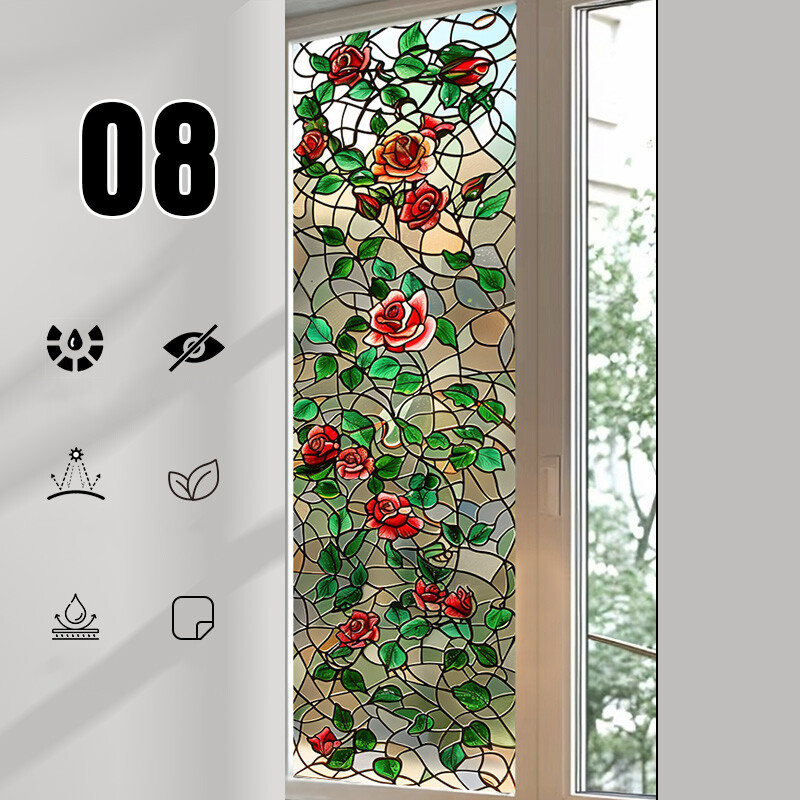 1PC Retro Rose Printed Stained Glass Window Film Self Adhesive Backing Stickers