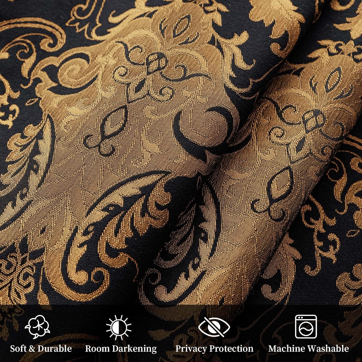 Black Damask Jacquard Curtains 2 Panels 52×108 Rod Pocket Lined Drapes