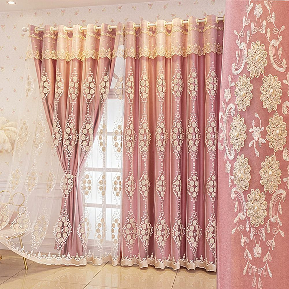 Elegant 3D Flower Embroidered Double Layer Curtains with Valance – Pink 51×96