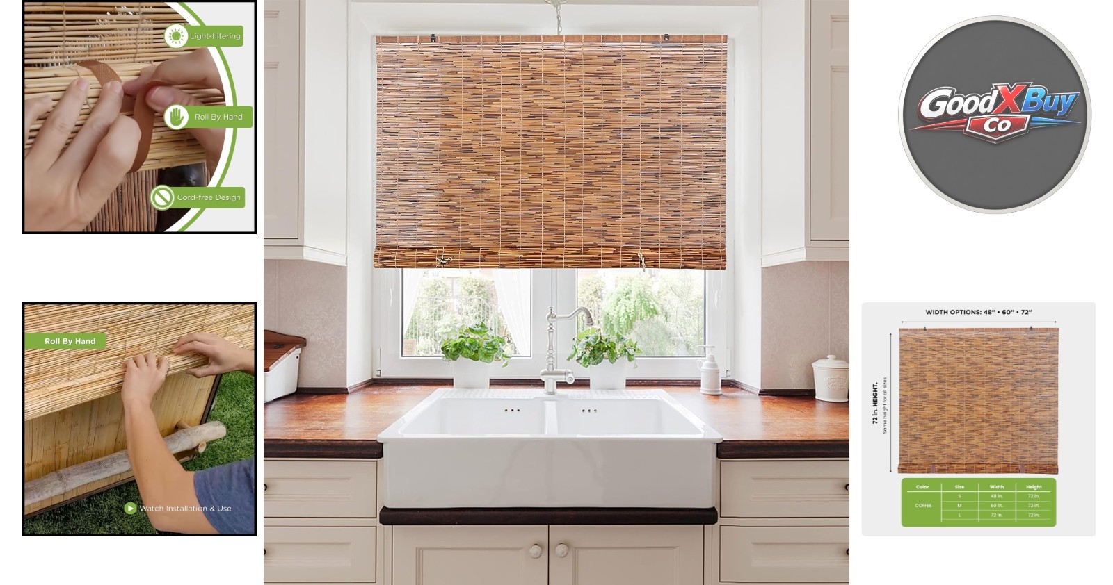 Coffee 48×72 Inch Light Filtering Reed Bamboo Cordless Blind Shades