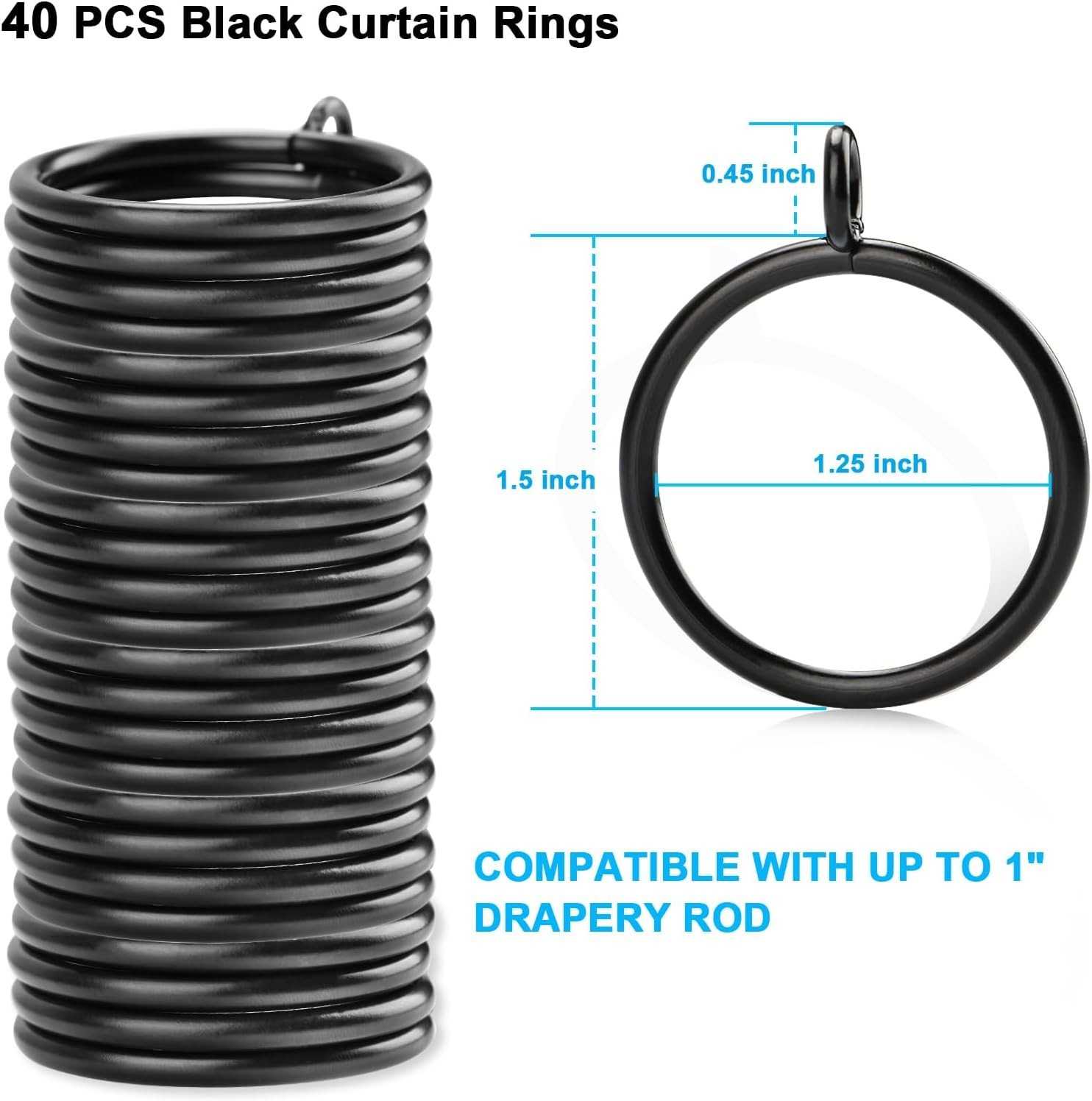 40PCS Black Metal Curtain Rings with Eyelet for Up to 1 Inch Rod Durable Finish