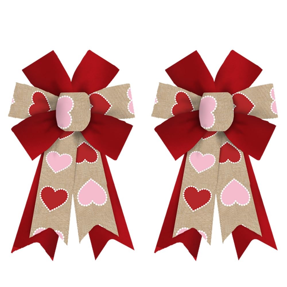 2 Pack Valentine’s Day Wreath Bows – Brown Red Pink Love Hearts