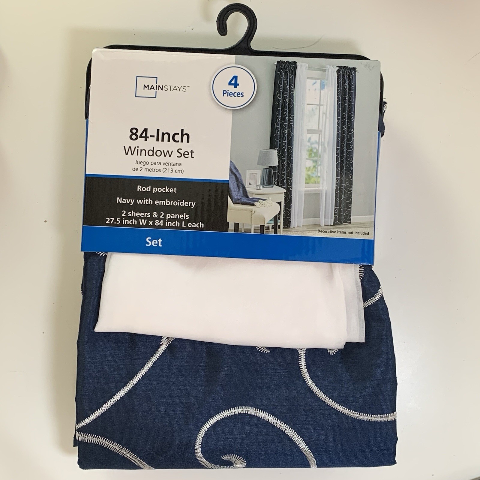 MAINSTAYS 84 Inch WINDOW CURTAIN 4 Piece Set-NAVY w/EMBROIDERY