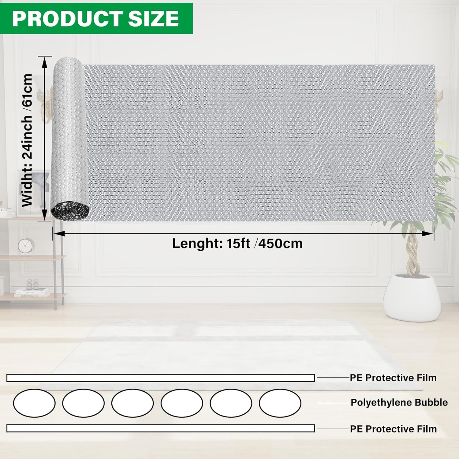 Window Insulation Roll, 24IN x 15FT Reflective Heat Shield Bubble Film, Double-S