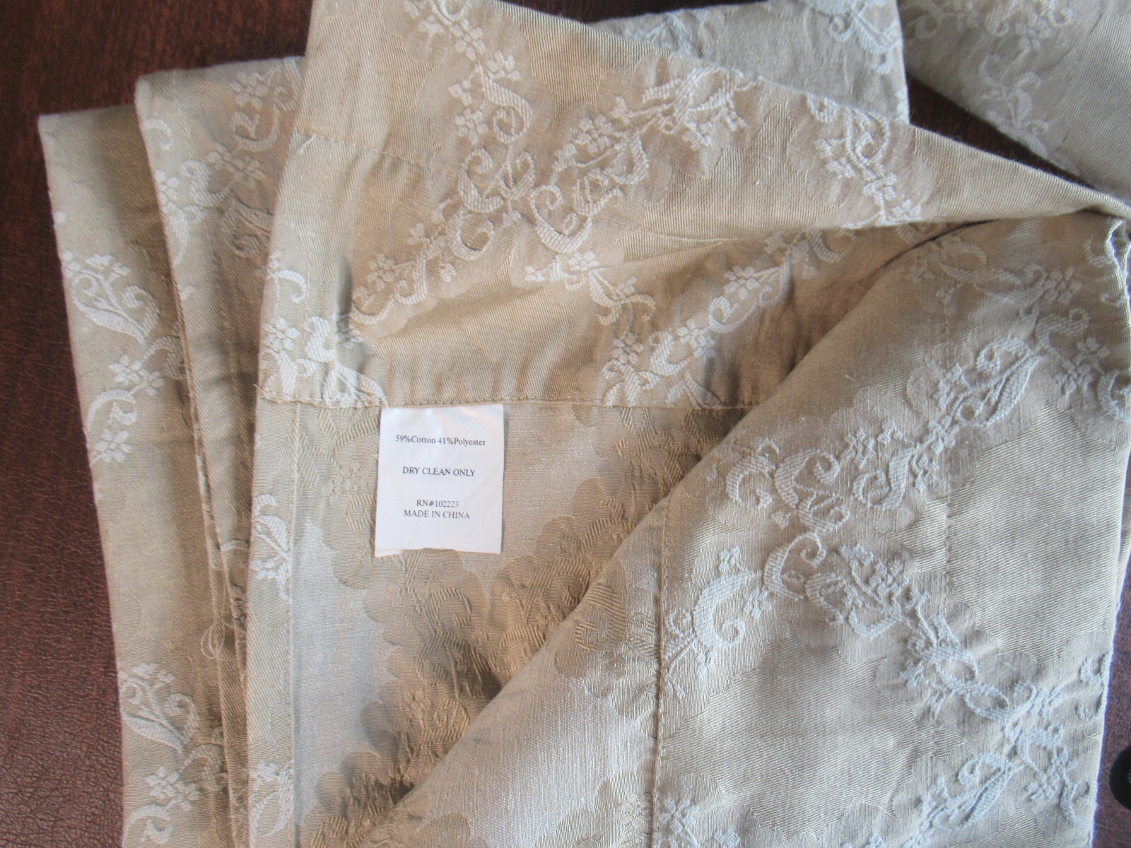 2 Damask Drapery Panels Tan Medium Weight Cotton Blend Unlined Custom Look 85″ L