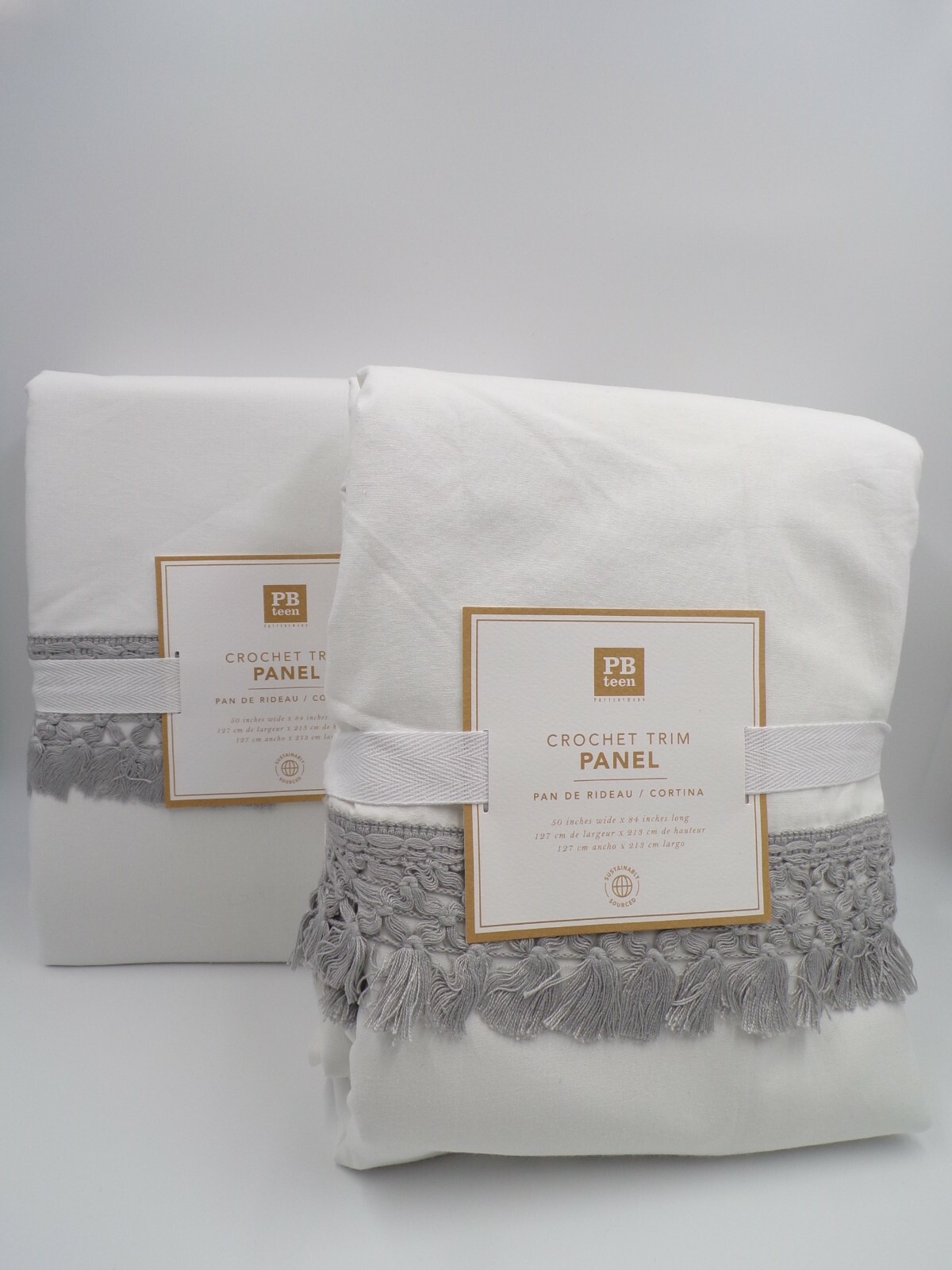 Pottery Barn Teen Crochet Trim Panel Fringe Border 84″ Light Gray Set 2 #7407B