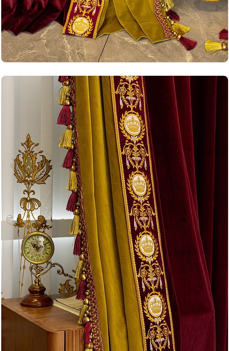 luxury costom Red gold window velvet cloth lace blackout curtain tulle M1845