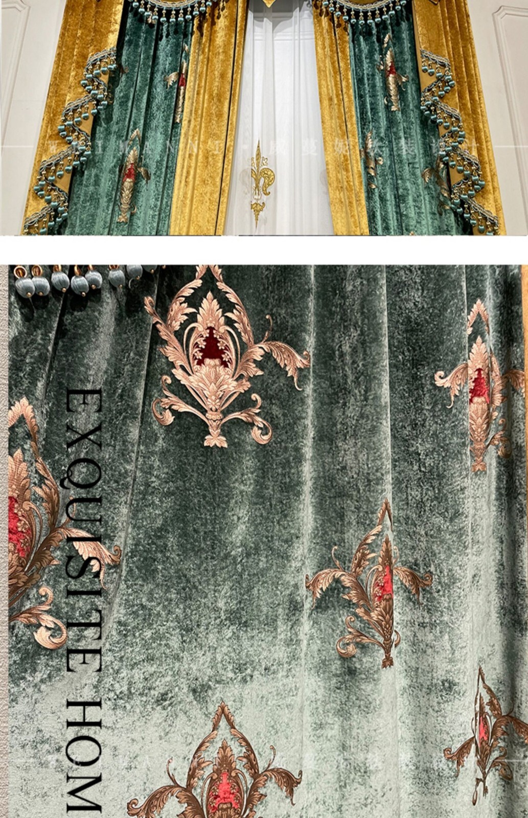 Custom Noble villa window velvet green thick cloth valance curtain drape C1981