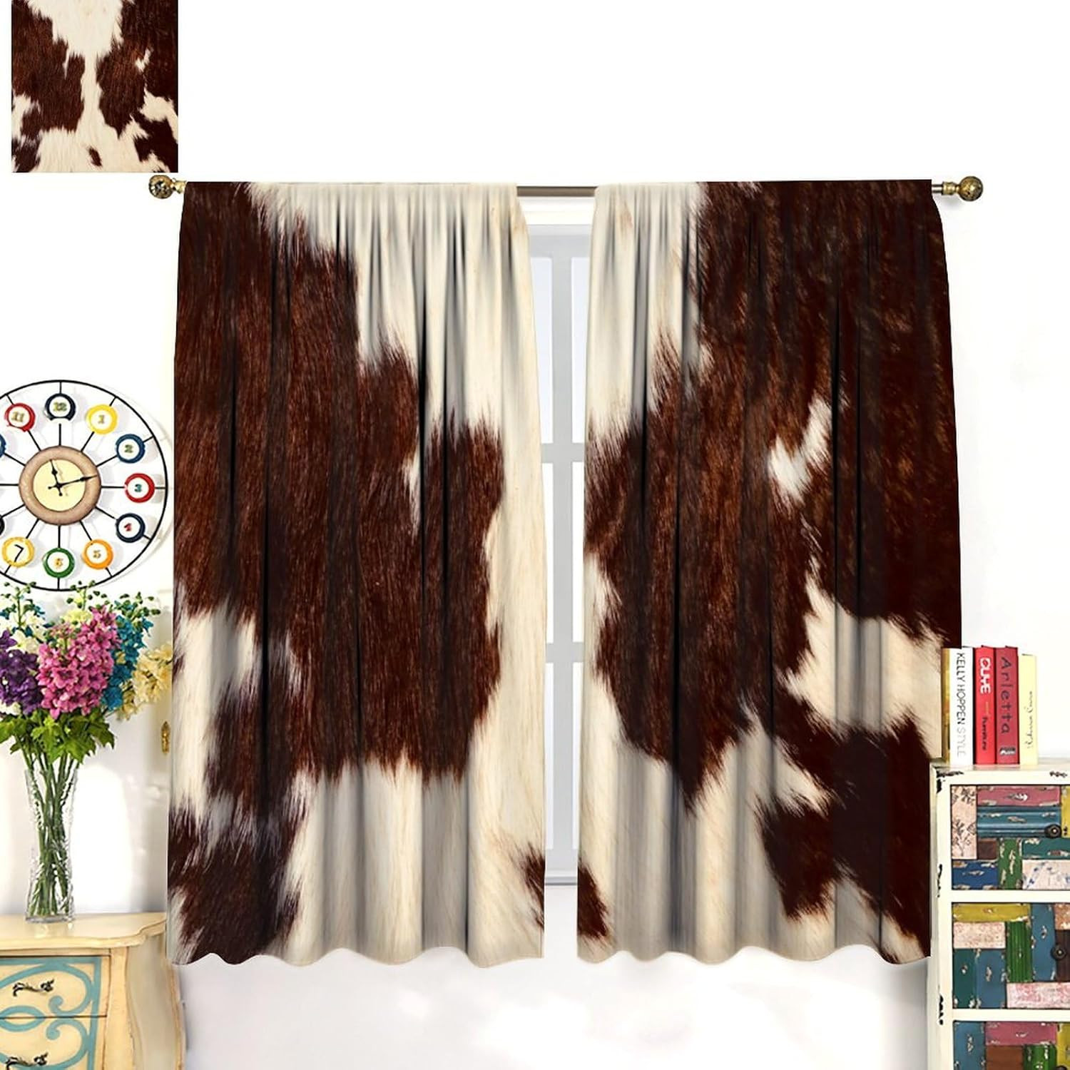 Cowhide Window Curtains Western Farm Animal Fur Skin Brown Cow Prin Blackout Win