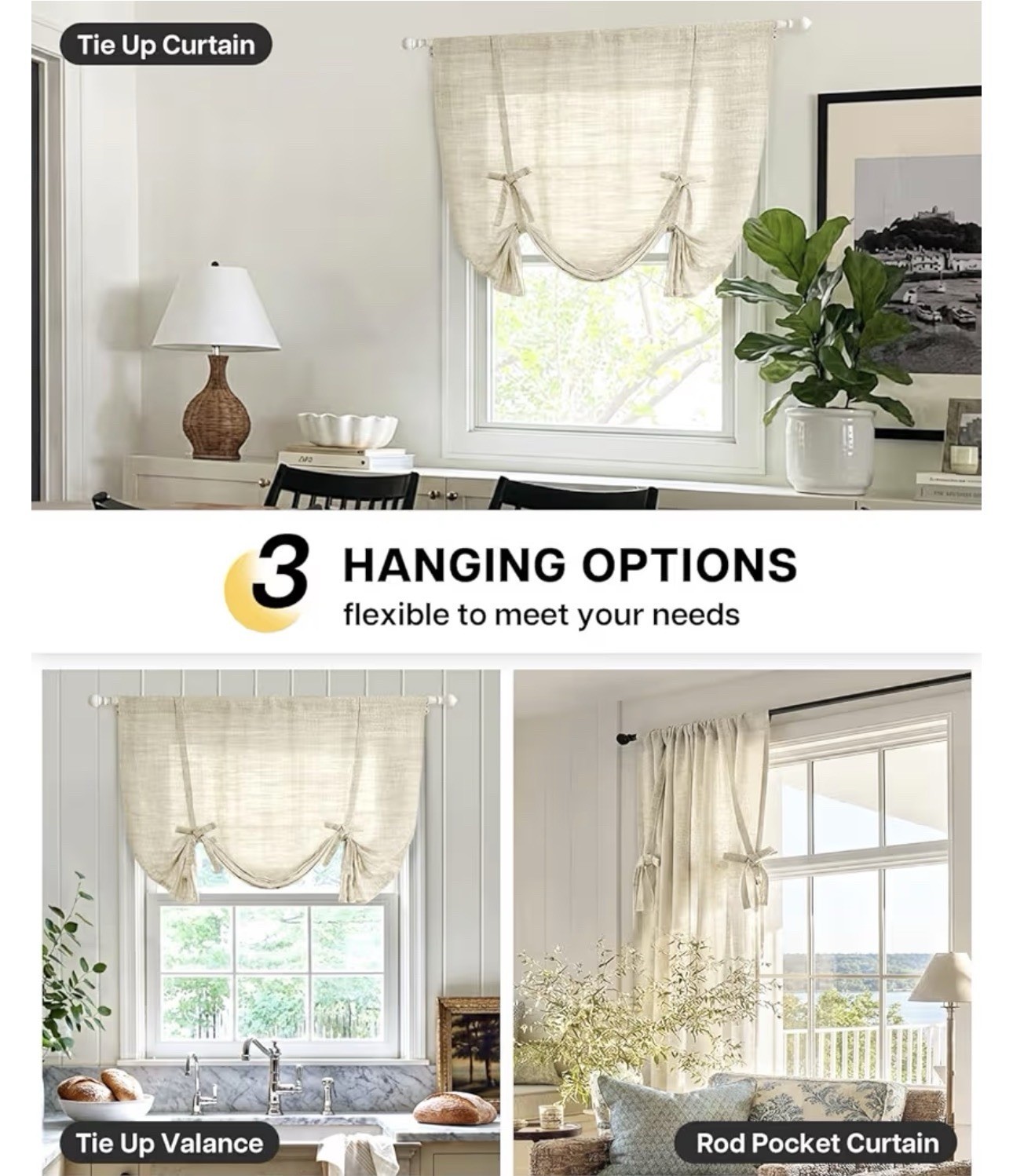 Balloon Roman Shade Window Curtain, Adjust.Rod Pocket Drape 34″Wx47″ Natural