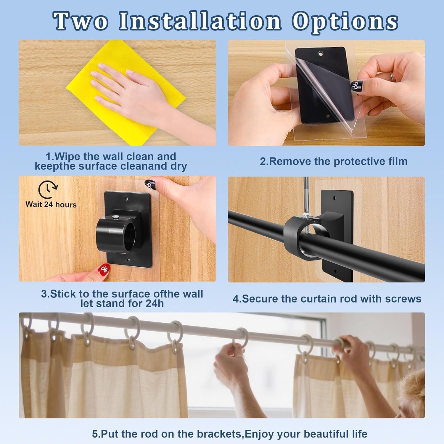 6PCS No Drill Curtain Rod Brackets,Self Adhesive Curtain Rod Holder No Drilli…