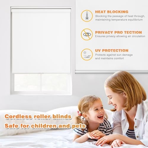 Blackout Roller Shades for Windows, Cordless Free-Stop Blinds 53″W x 72″H White