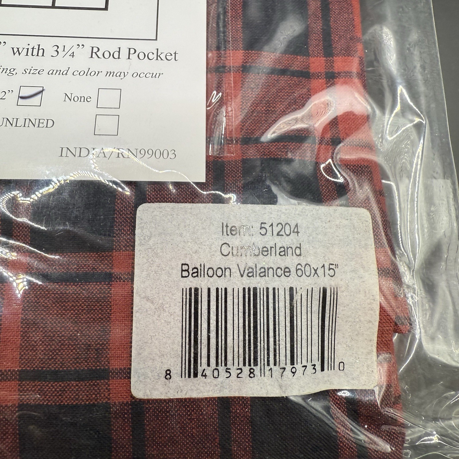 2 – VHC Brands Rustic Balloon Valance 60×15″ Red Black Cumberland Window 3 1/4″